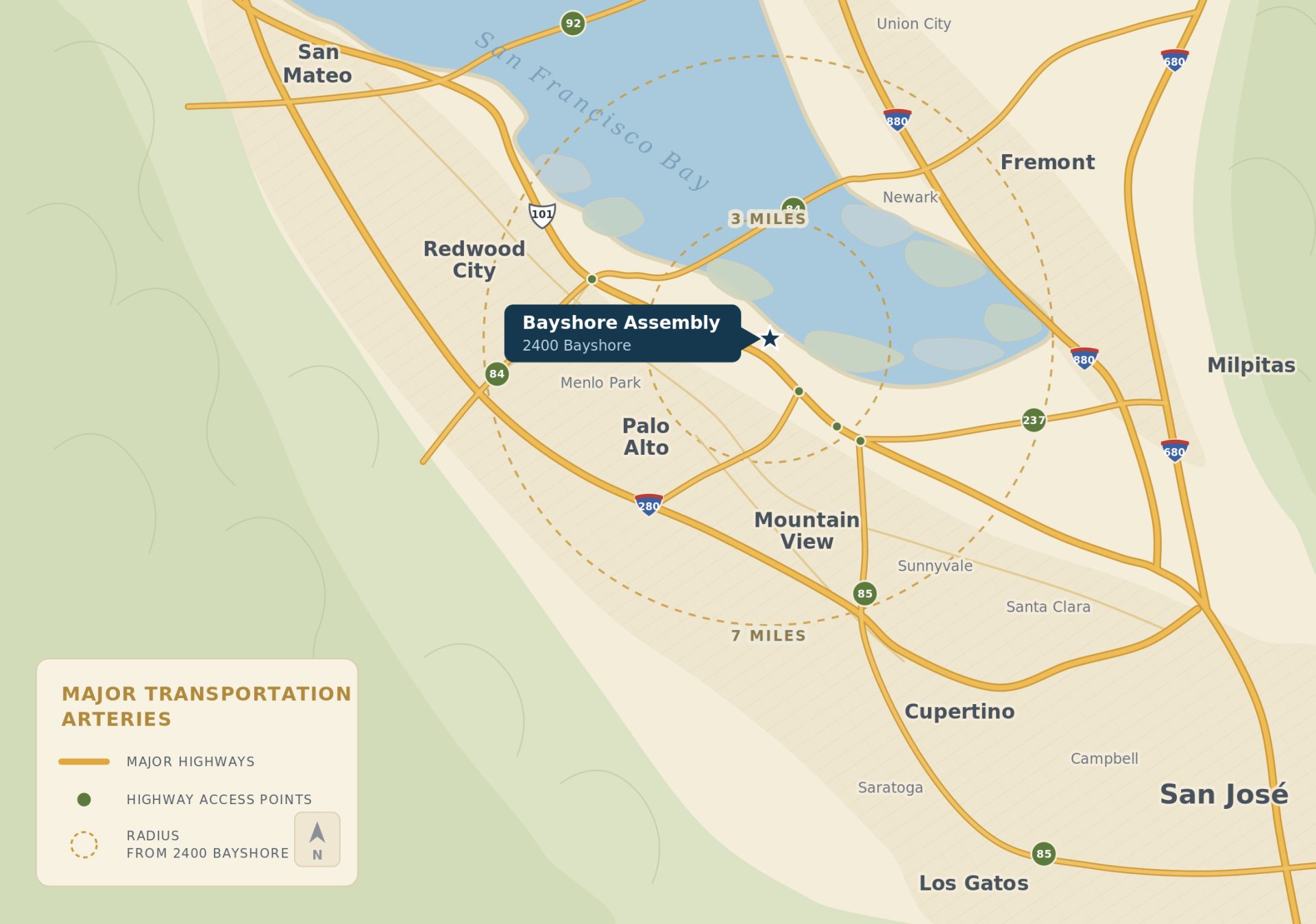 Bayshore Assembly location map — 2400 Bayshore Pkwy, Mountain View, CA near Google HQ